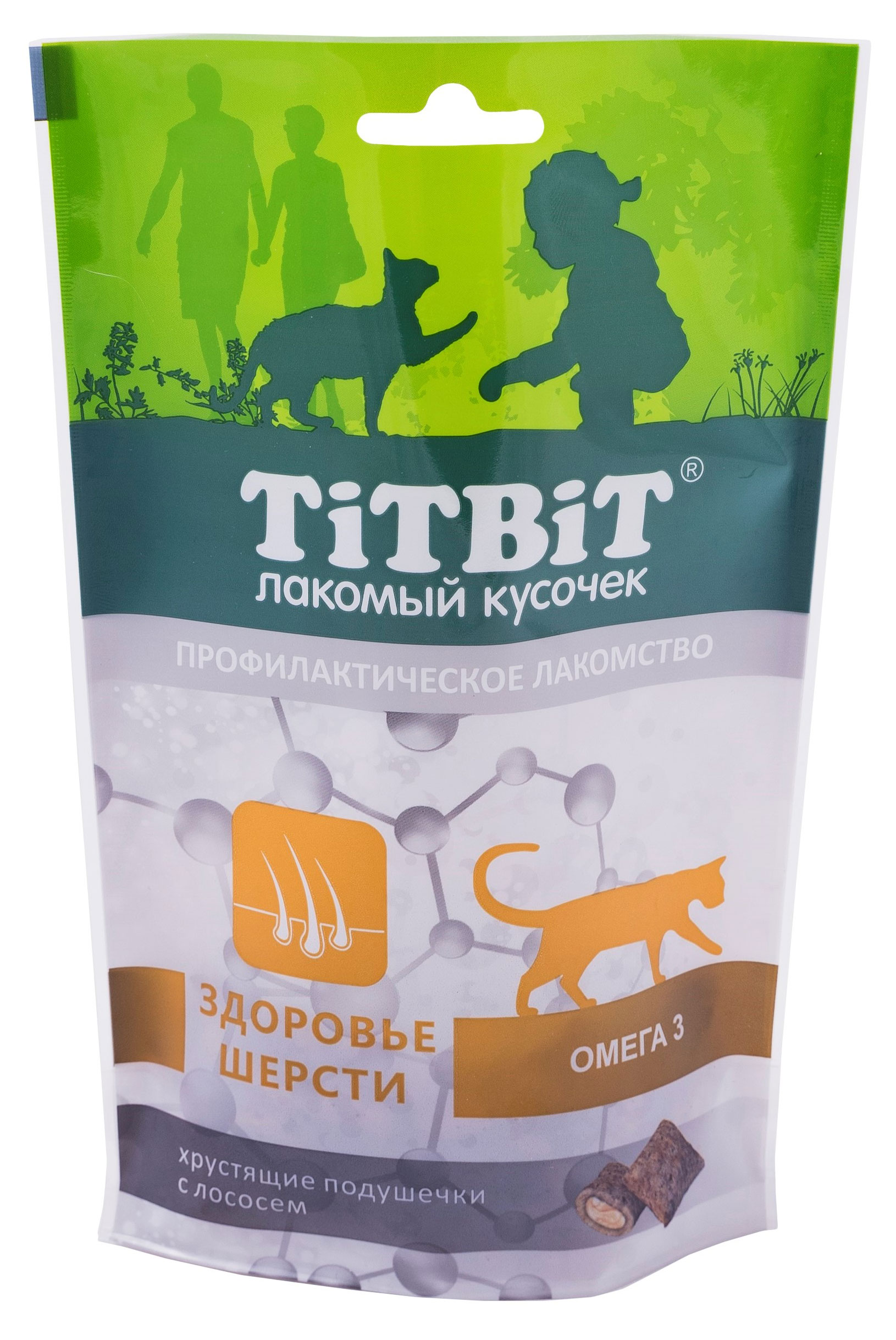 Изображение товара Лакомство для кошек TiTBiT с лососем хрустящие подушечки для здоровья шерсти