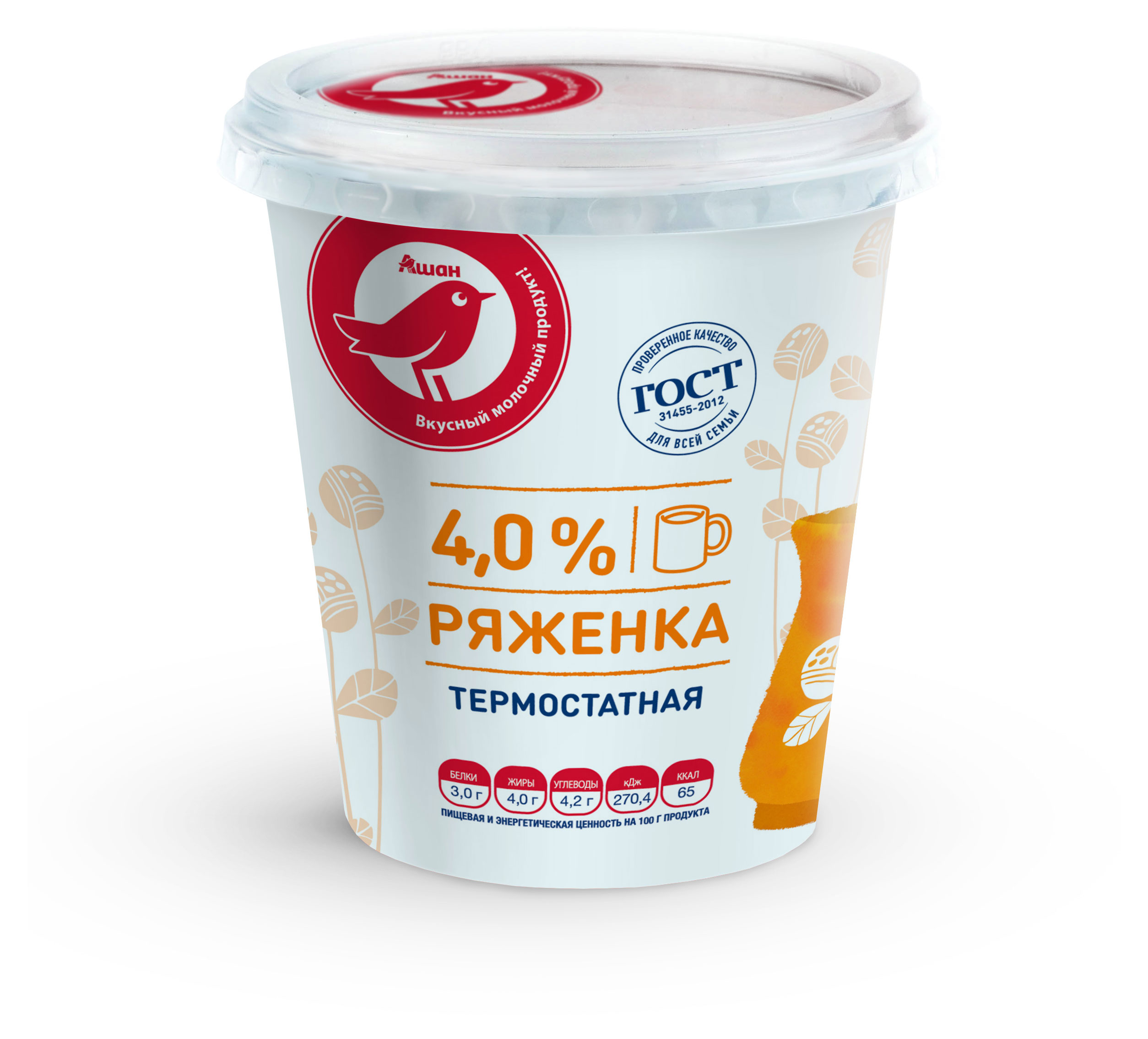 

Ряженка АШАН Красная птица термостатная 4% БЗМЖ, 350 г