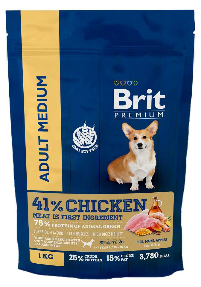 

Сухой корм для взрослых собак средних пород Brit Premium Adult M курица, 1 кг