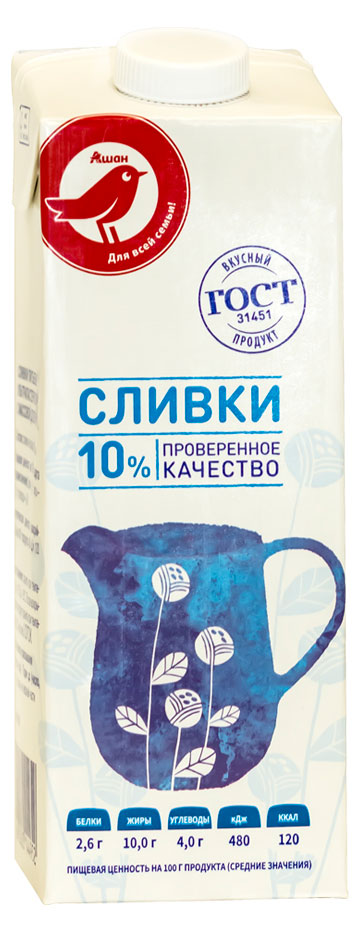 

Сливки питьевые АШАН Красная птица ультрапастеризованные 10% БЗМЖ, 1 л