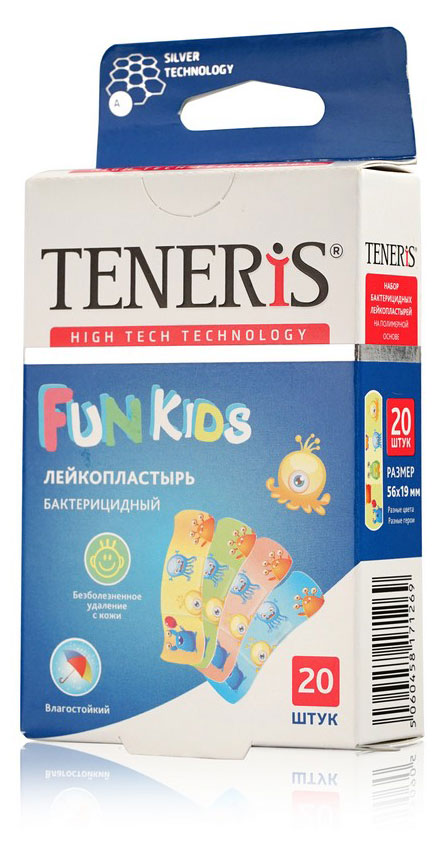 Изображение товара Лейкопластырь Teneris Fun Kids бактерицидный с ионами серебра, 20 шт