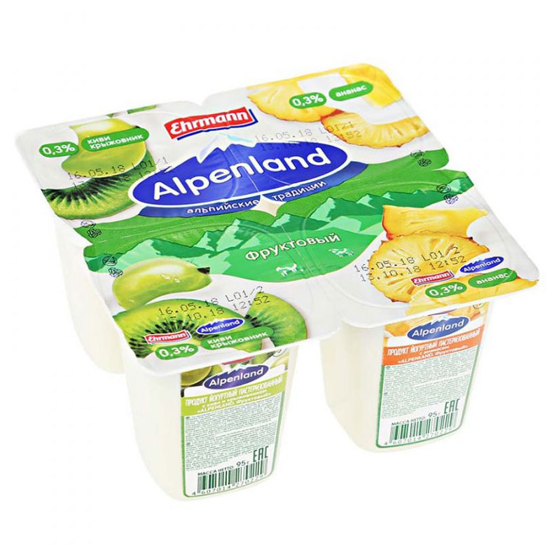 

Йогурт Ehrmann Alpenland с киви крыжовником и ананасом 0,3%, 95 г