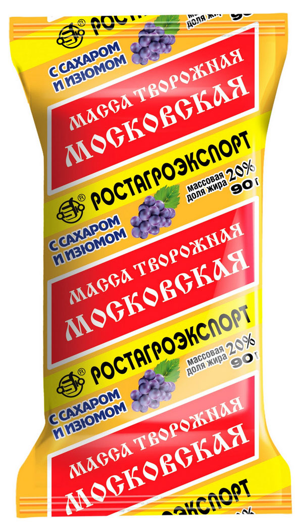 

Масса творожная РостАгроЭкспорт Московская с изюмом брикет 20% БЗМЖ, 90 г