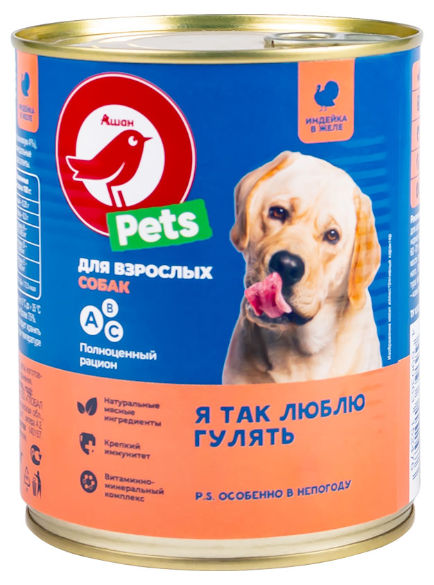 

Консервы для собак АШАН Красная птица pets в кусочках желе индейка, 850 г