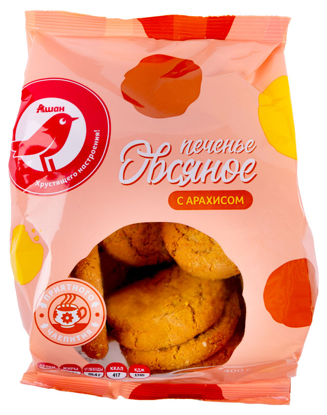 

Печенье АШАН Красная птица овсяное с арахисом, 400 г