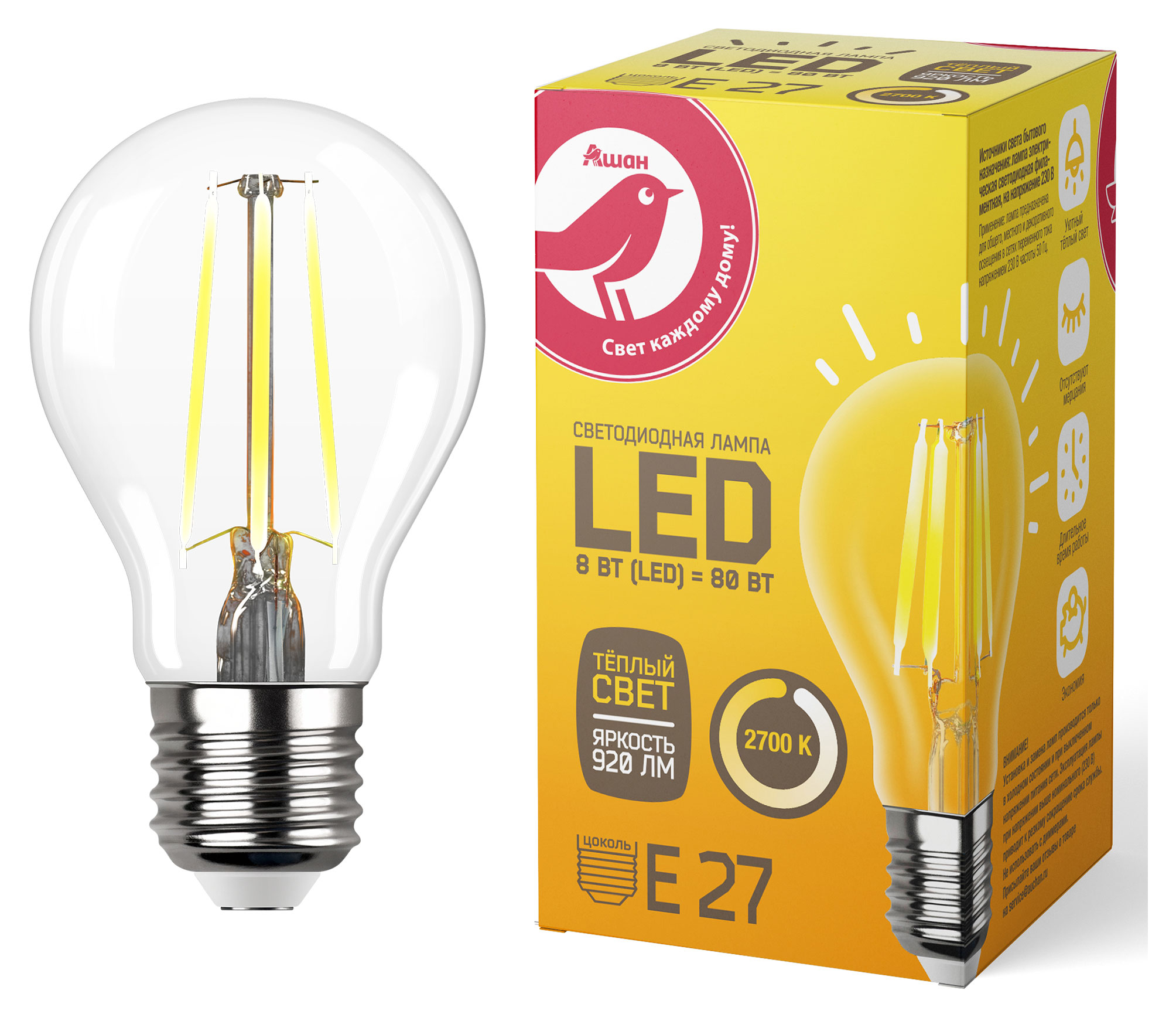 

LED-Лампа АШАН Красная птица E27 8-80W