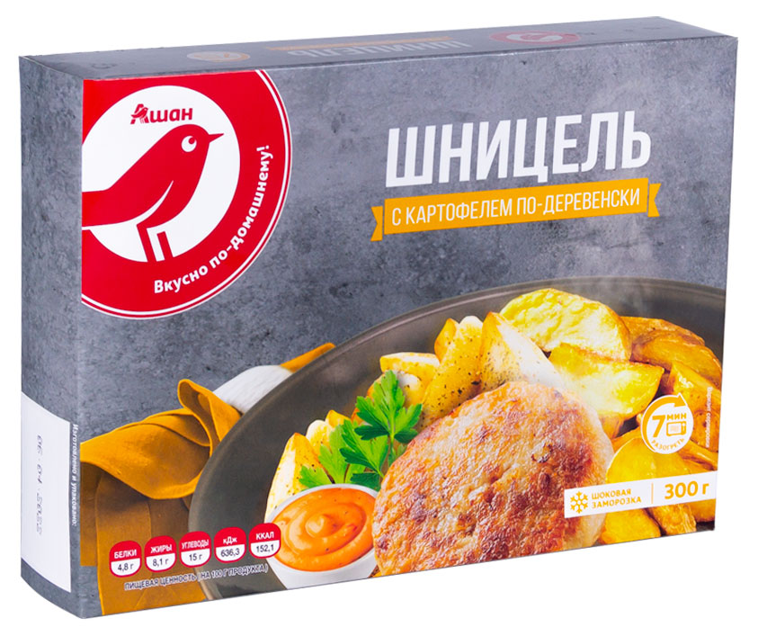 

Шницель АШАН Красная птица с картофелем по деревенски, 300 г
