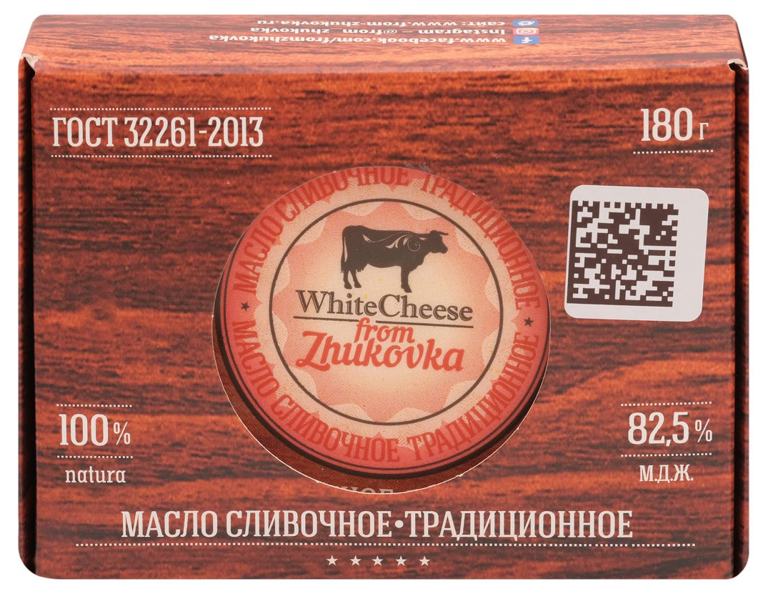 

Масло сливочное WhiteCheese from Zhukovka Традиционное сладко-сливочное несоленое высший сорт ГОСТ 82,5%, 180 г