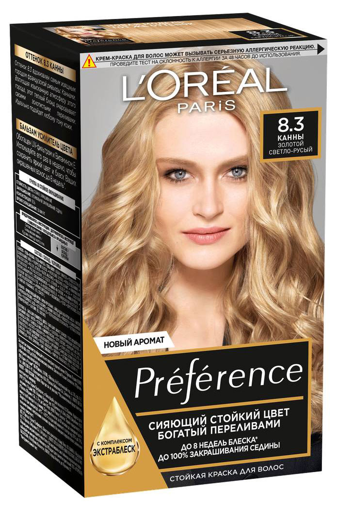 

Краска для волос L'Oreal Paris Preference Канны Золотой Светло-Русый 8.3, 174 мл