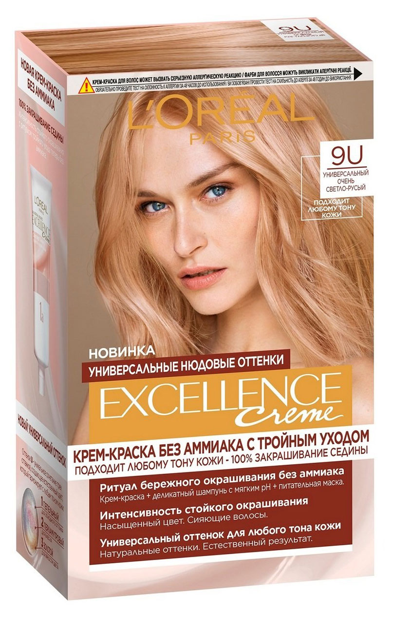 

Краска для волос L'Oreal Paris Excellence Creme Универсальный очень светло-русый 9U без аммиака, 192 мл