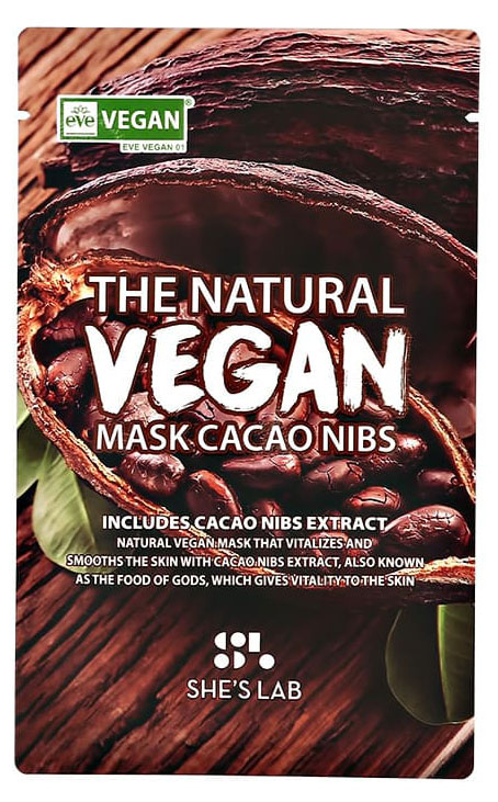 

Маска для лица She's Lab The Natural Vegan Cacao Nibs восстанавливающая и разглаживающая с экстрактом какао-бобов тканевая, 20 мл