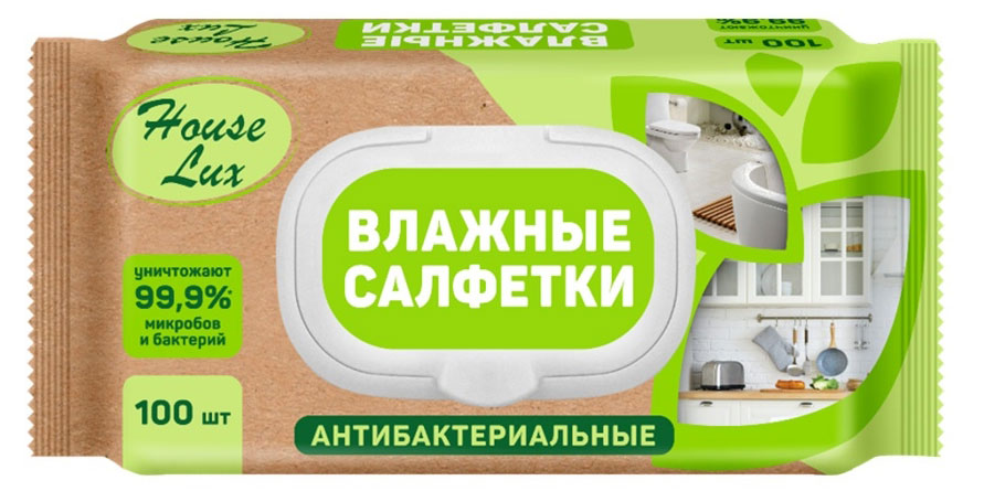 

Влажные салфетки House Lux Антибактериальные универсальные с пластиковым клапаном, 100 шт