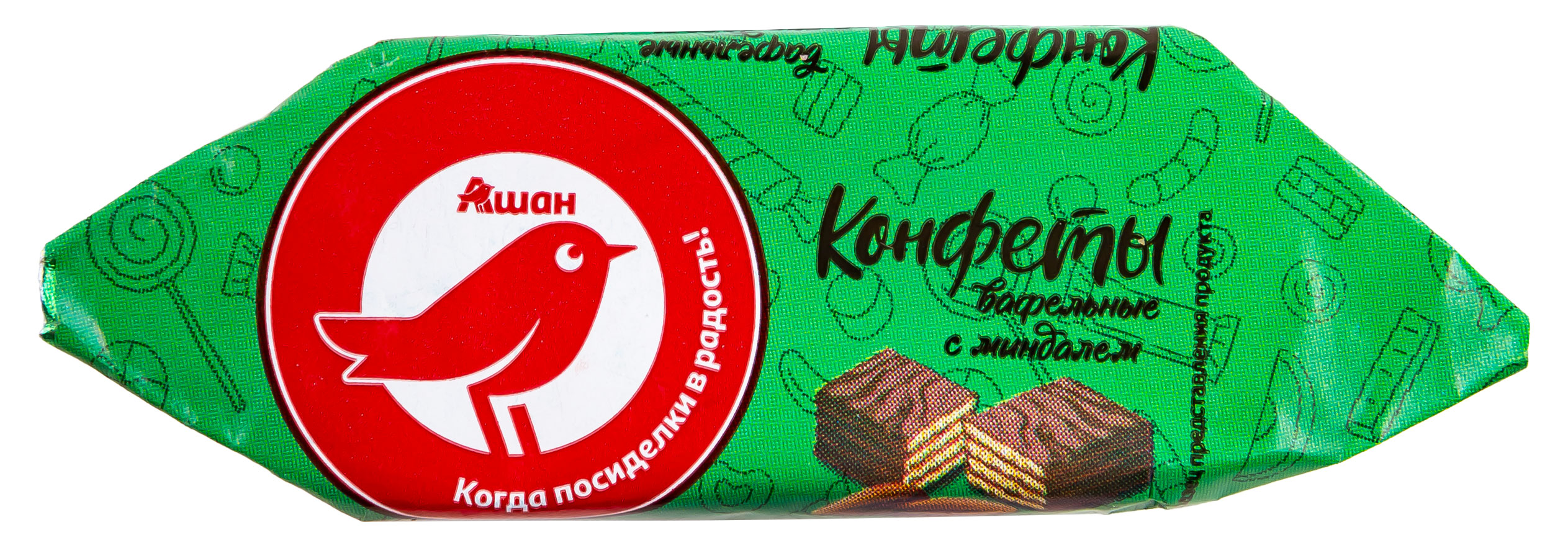

Конфеты АШАН Красная птица глазированные вафельные с миндалем, вес