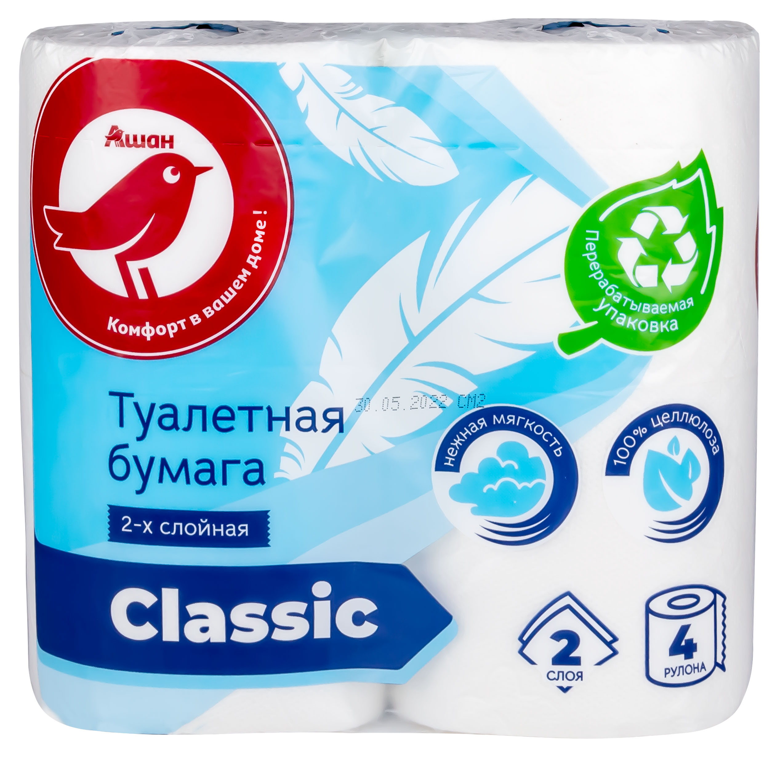 Изображение товара Туалетная бумага АШАН Красная птица 2 слоя 4 рулона