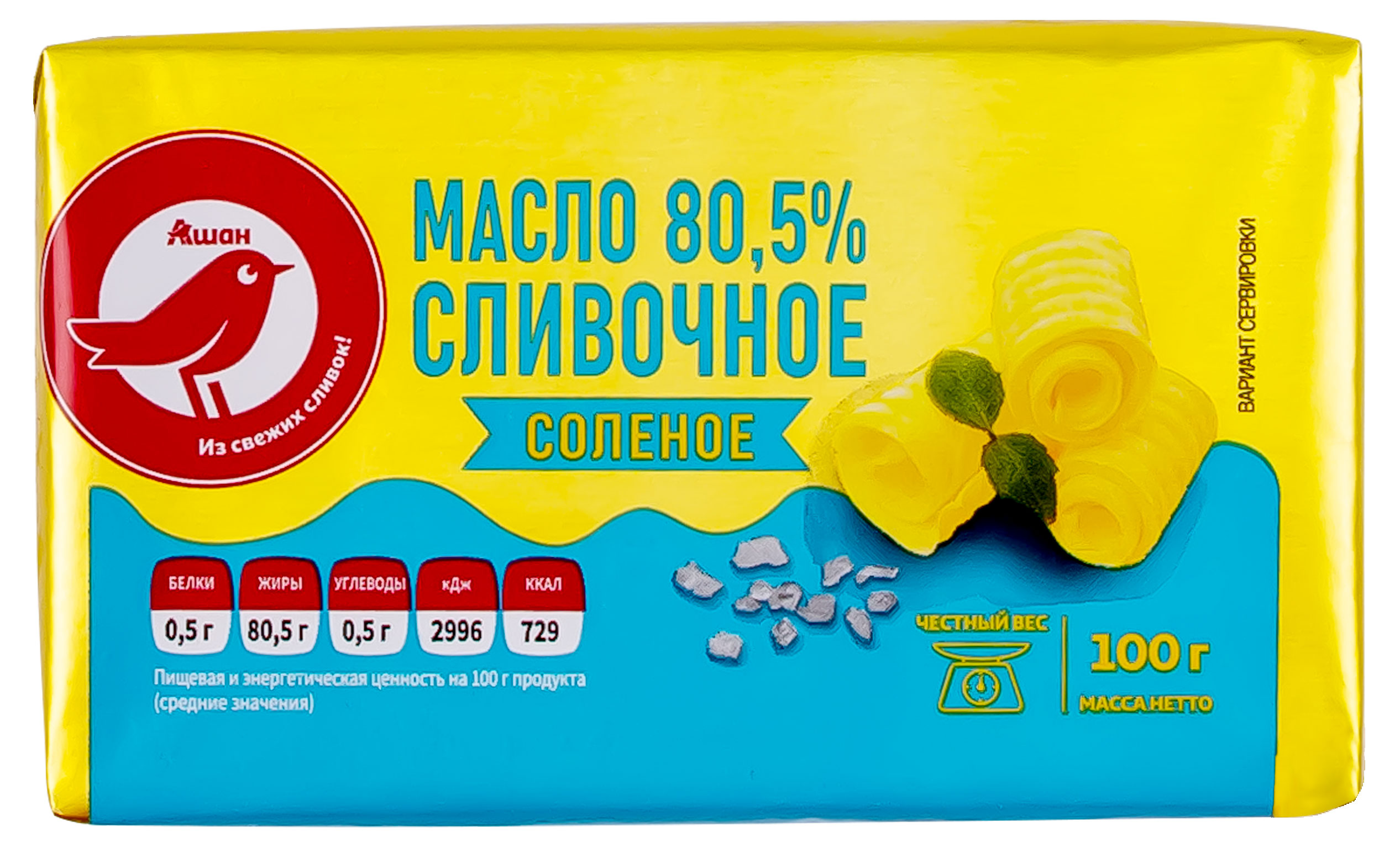 

Масло сливочное АШАН Красная птица соленое 80,5% БЗМЖ, 100 г