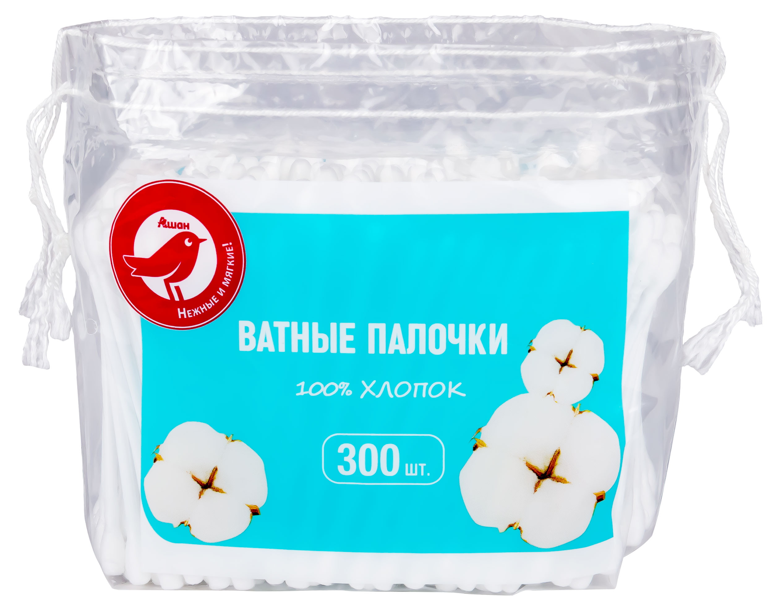 Изображение товара Ватные палочки АШАН Красная птица в пакете, 300 шт
