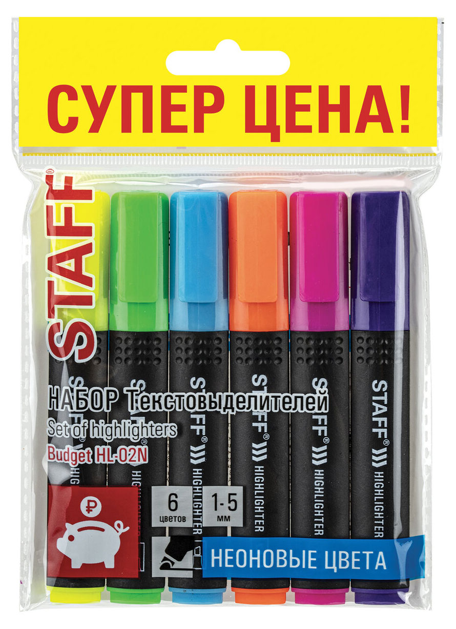 

Набор текстовыделителей STAFF "Basic Budget HL-02N", 6 ЦВЕТОВ, НЕОН