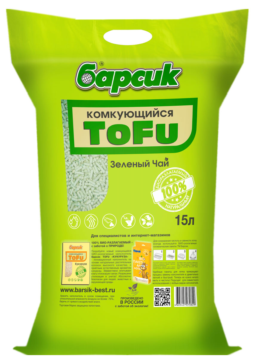 

Наполнитель комкующийся Барсик Tofu Зеленый чай, 15 л