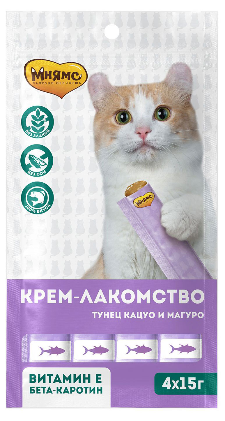 

Крем-лакомство для кошек Мнямс с тунцом Кацуо и Магуро, 4x15 г