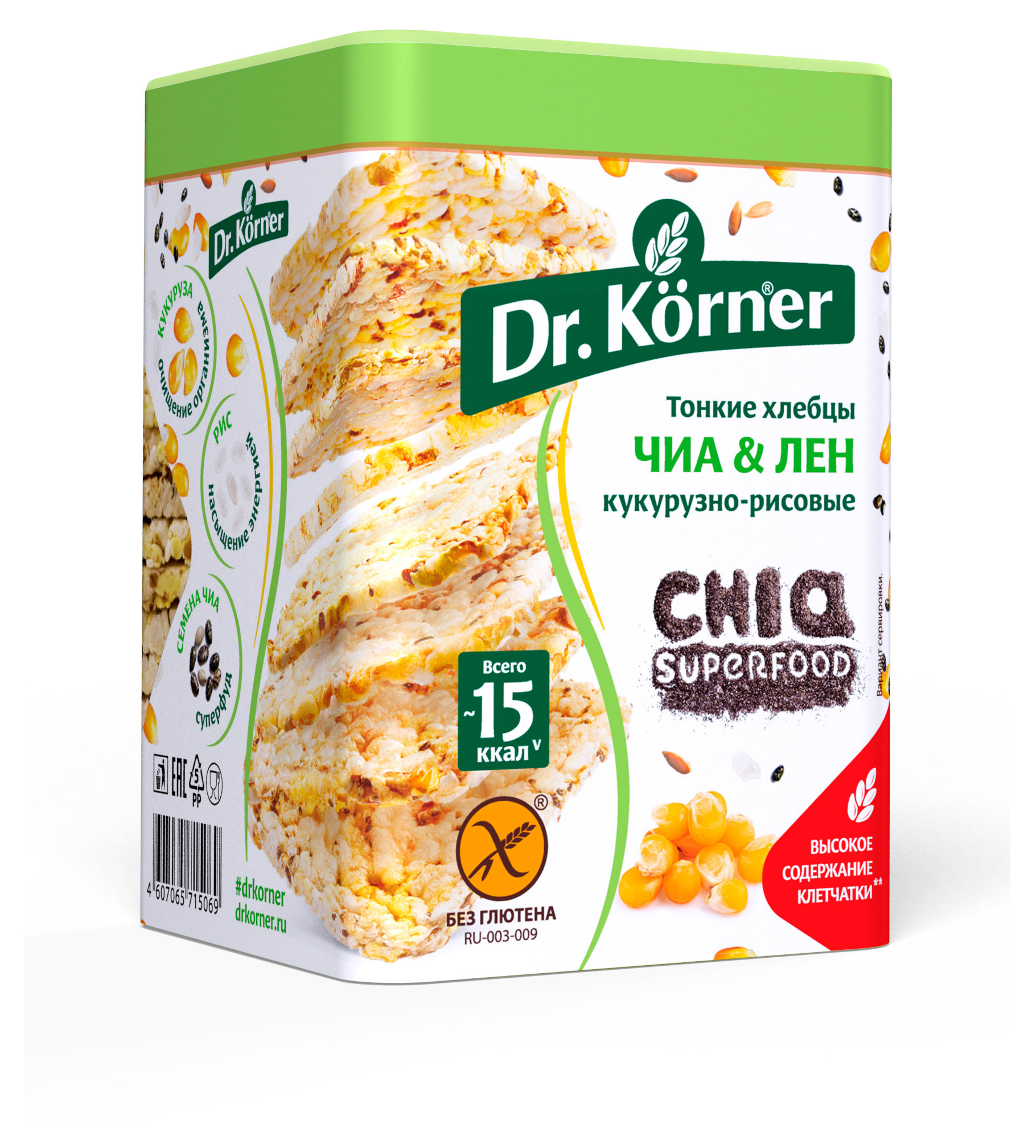 

Хлебцы кукурузно-рисовые Dr. Korner с семенами чиа и льна, 100 г
