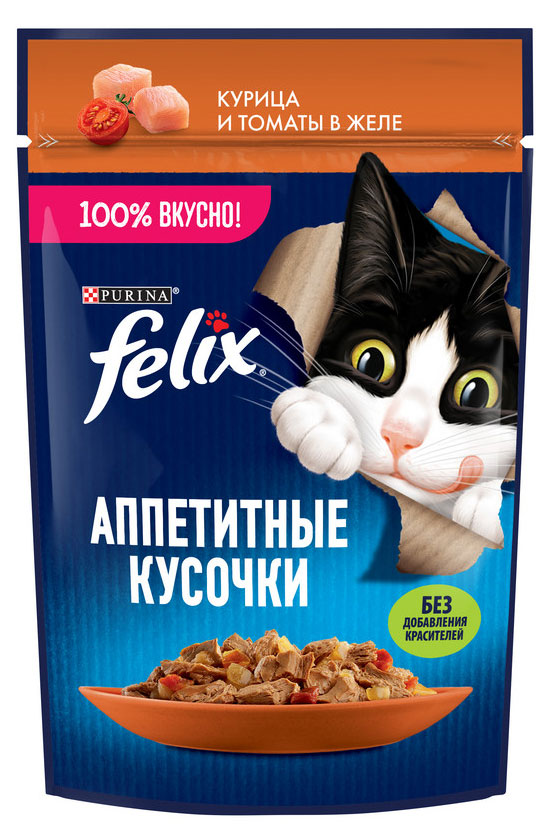 

Корм влажный для кошек Felix Апперитные кусочки с курицей и томатами в желе, 75 г