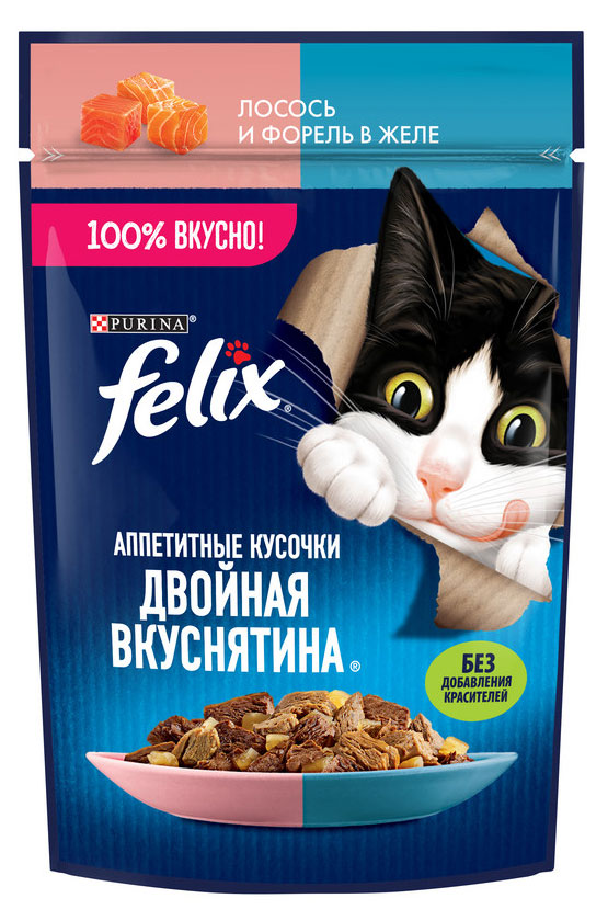 

Корм влажный для кошек Felix аппетитные кусочки с лососем и форелью в желе, 75 г