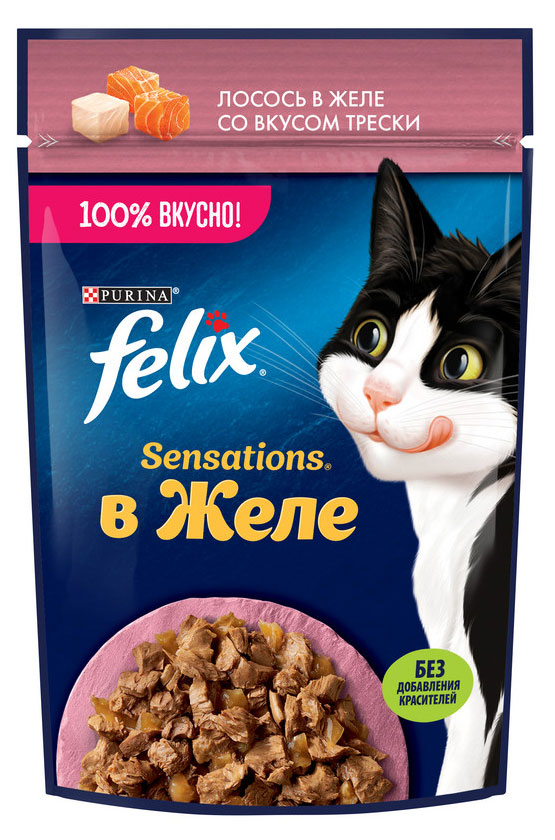 

Корм влажный для кошек Felix лосось в желе со вкусом трески, 75 г