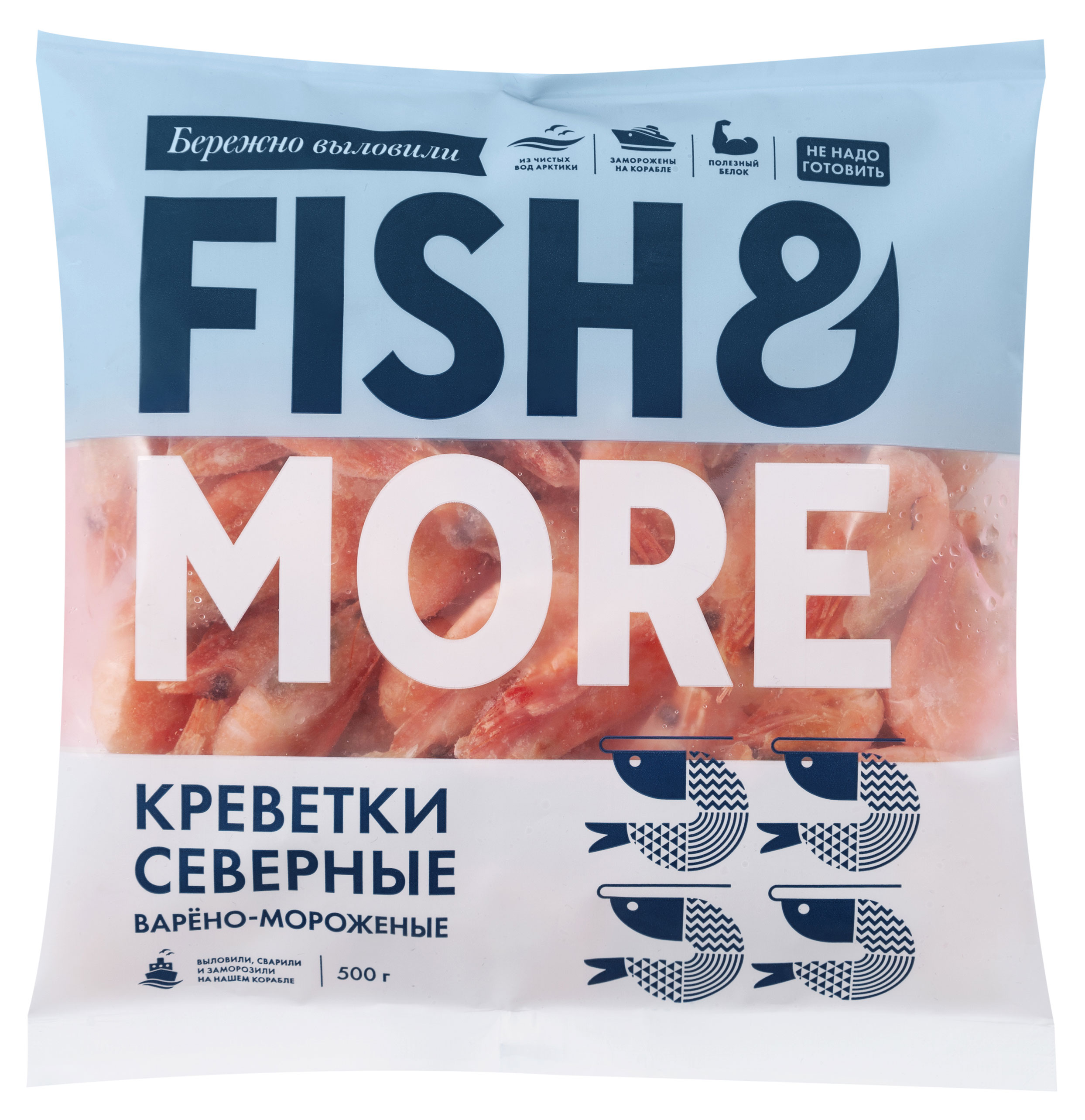 

Креветки северные варено-мороженые в панцире Fish&More 120+, 500 г