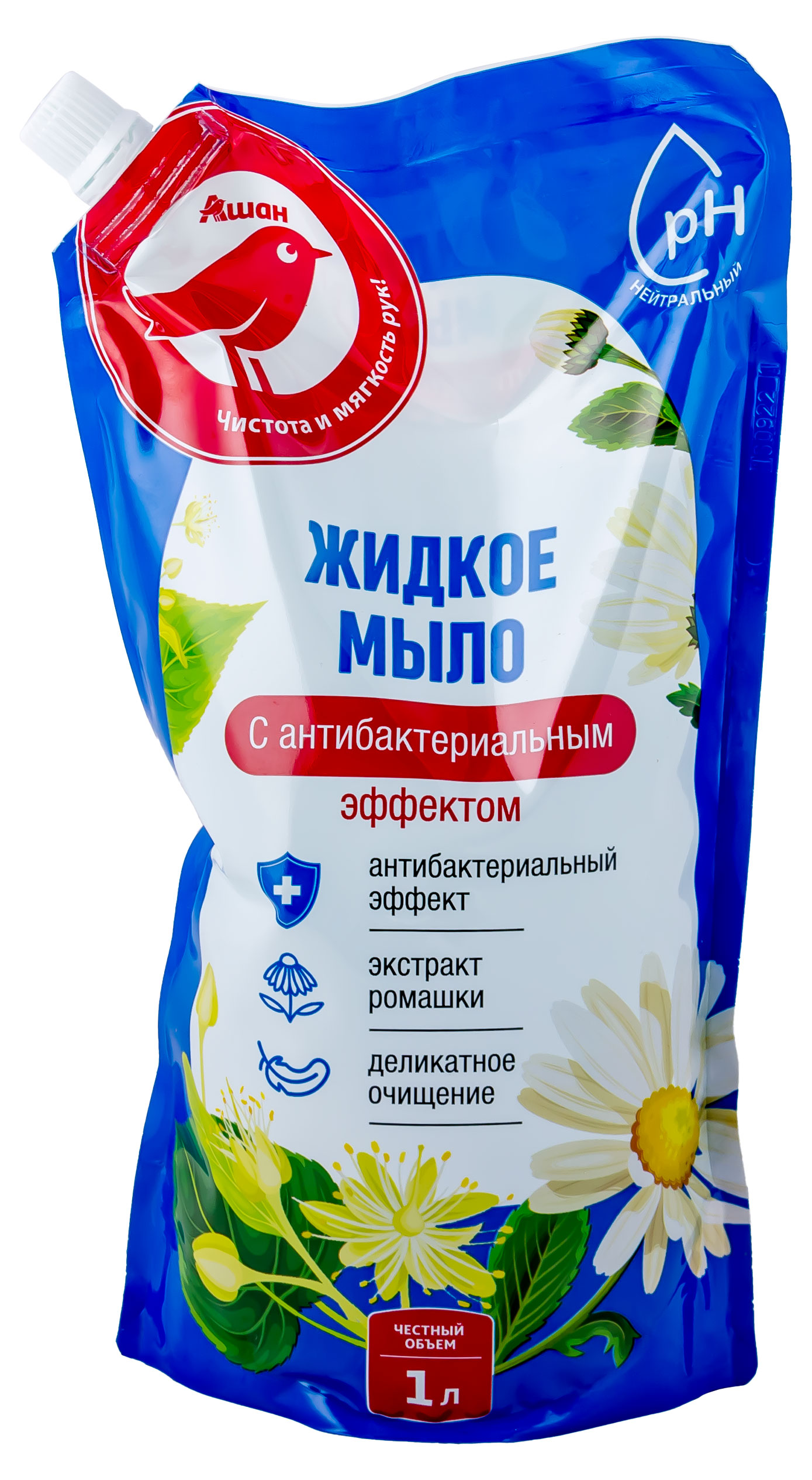 

Мыло АШАН Красная птица жидкое антибактериальное с ароматом ромашки, 1 л