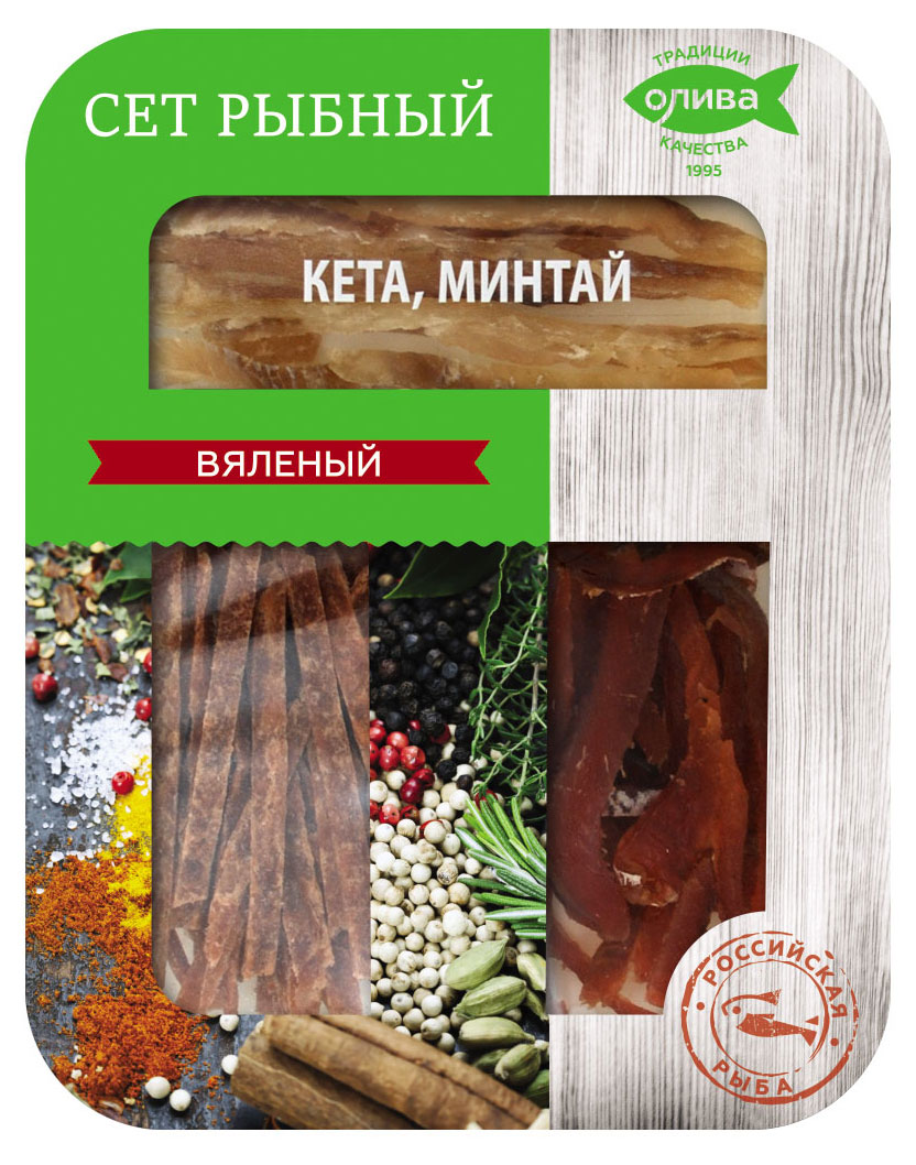 

Ассорти рыбное Олива кета минтай вяленые, 150 г