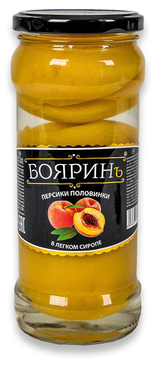 

Персики консервированные Бояринъ половинки в легком сиропе, 580 мл