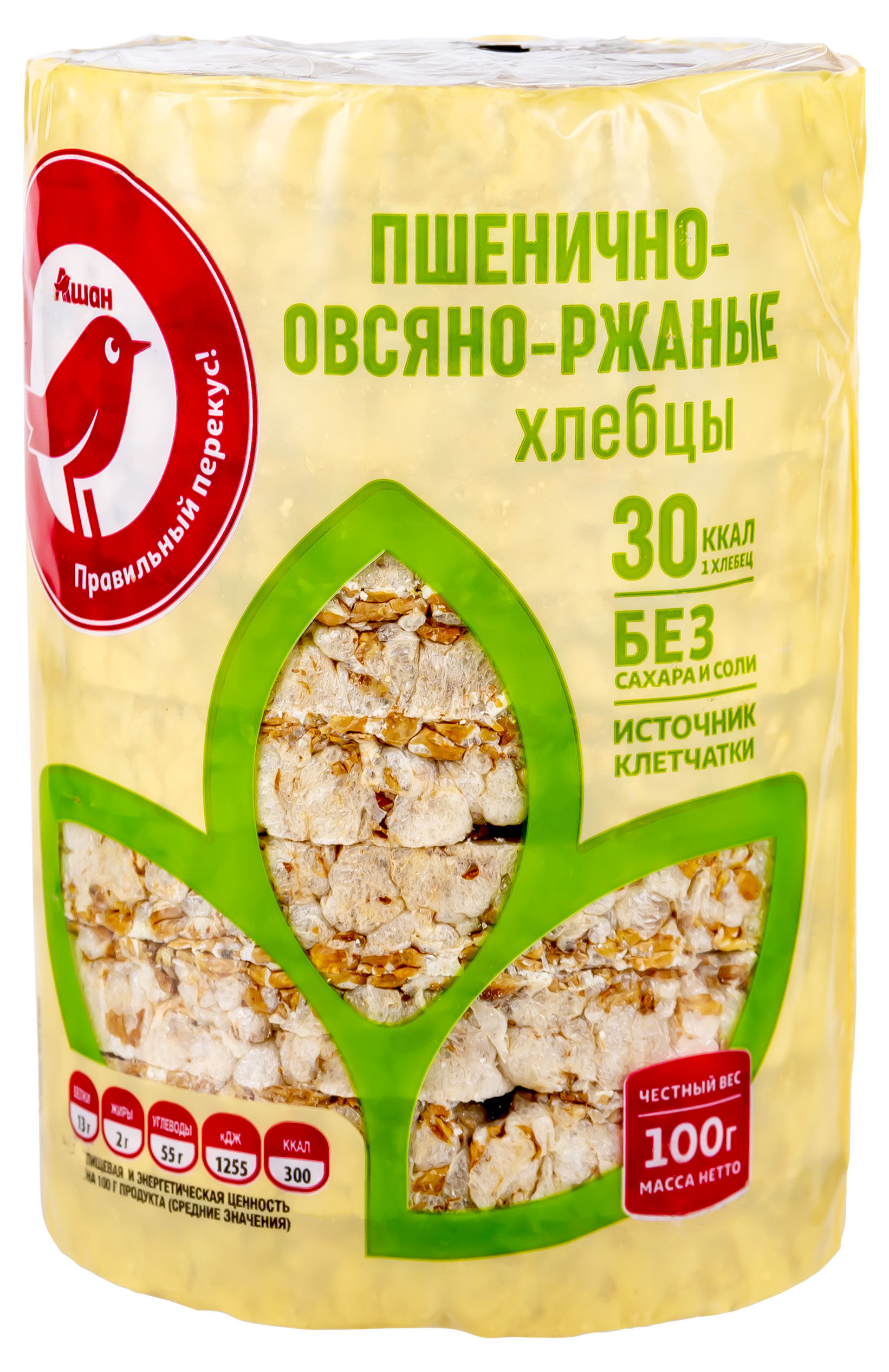

Хлебцы АШАН Красная птица пшенично-овсяно-ржаные без сахара и соли 30 шт, 100 г