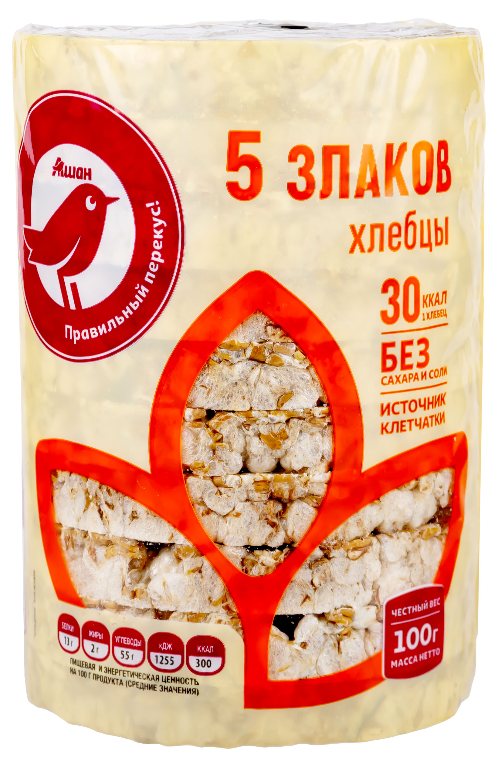 

Хлебцы АШАН Красная птица пять злаков без сахара и соли 30 шт, 100 г