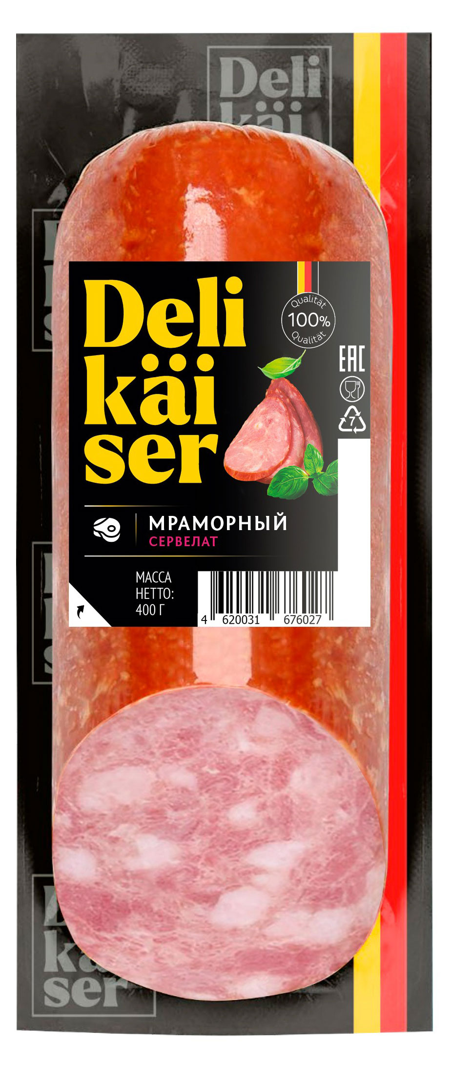 

Колбаса варено-копченая Delikaiser Сервелат мраморный, 400 г