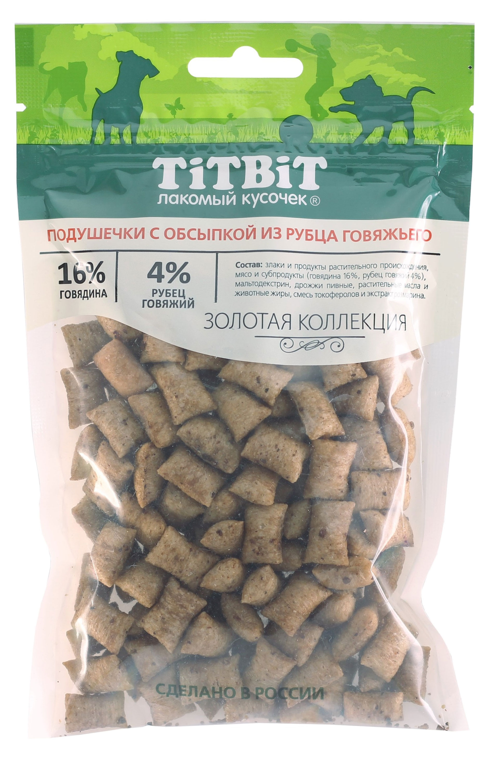 

Лакомство для собак TiTBiT Подушечки с обсыпкой из рубца говяжьего, 80 г