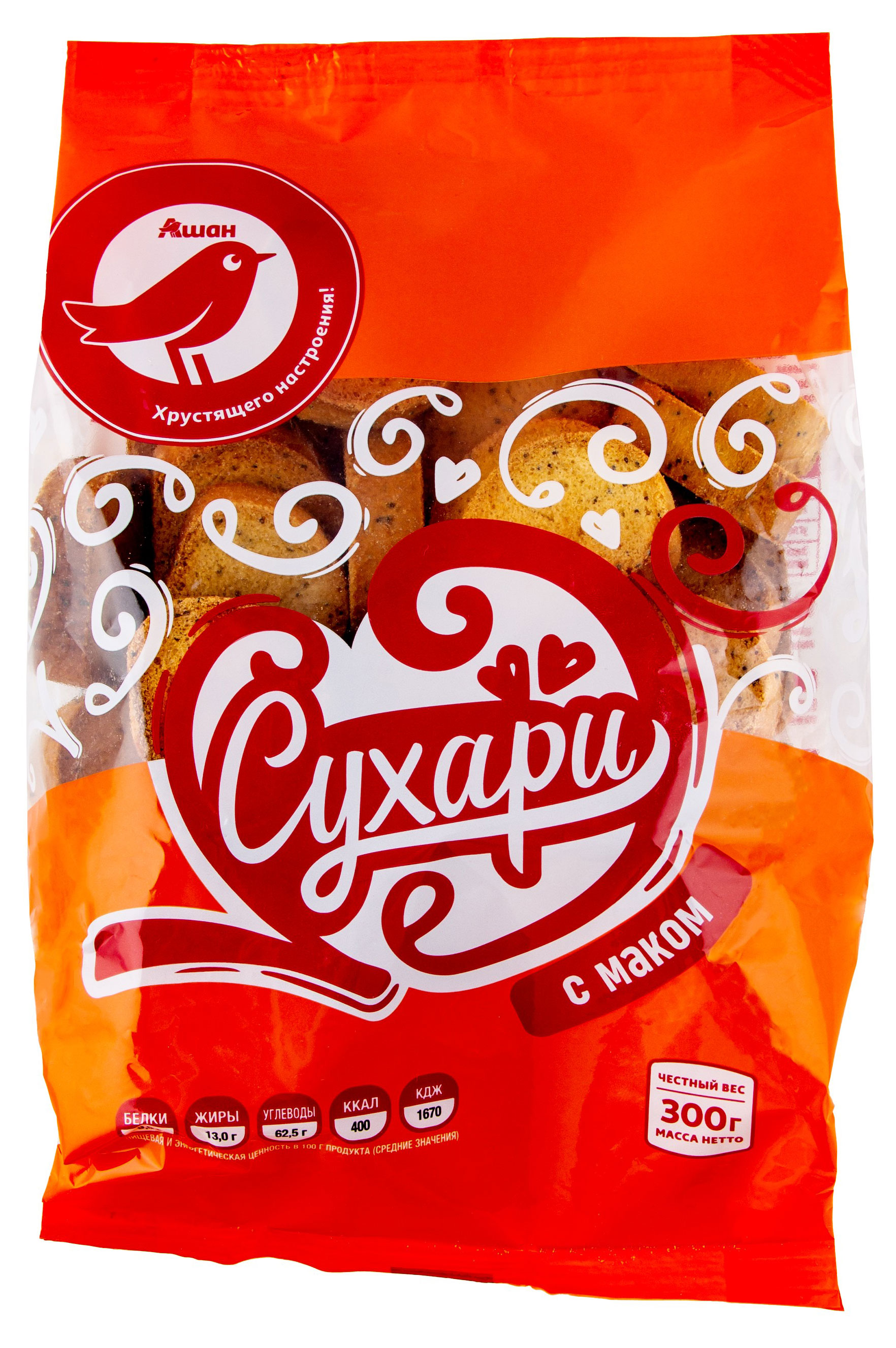

Сухари АШАН Красная птица с маком, 300 г