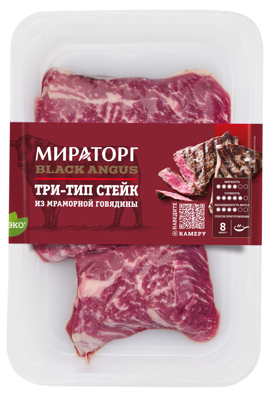 

Стейк из мраморной говядины Мираторг Black Angus Три-тип, 390 г