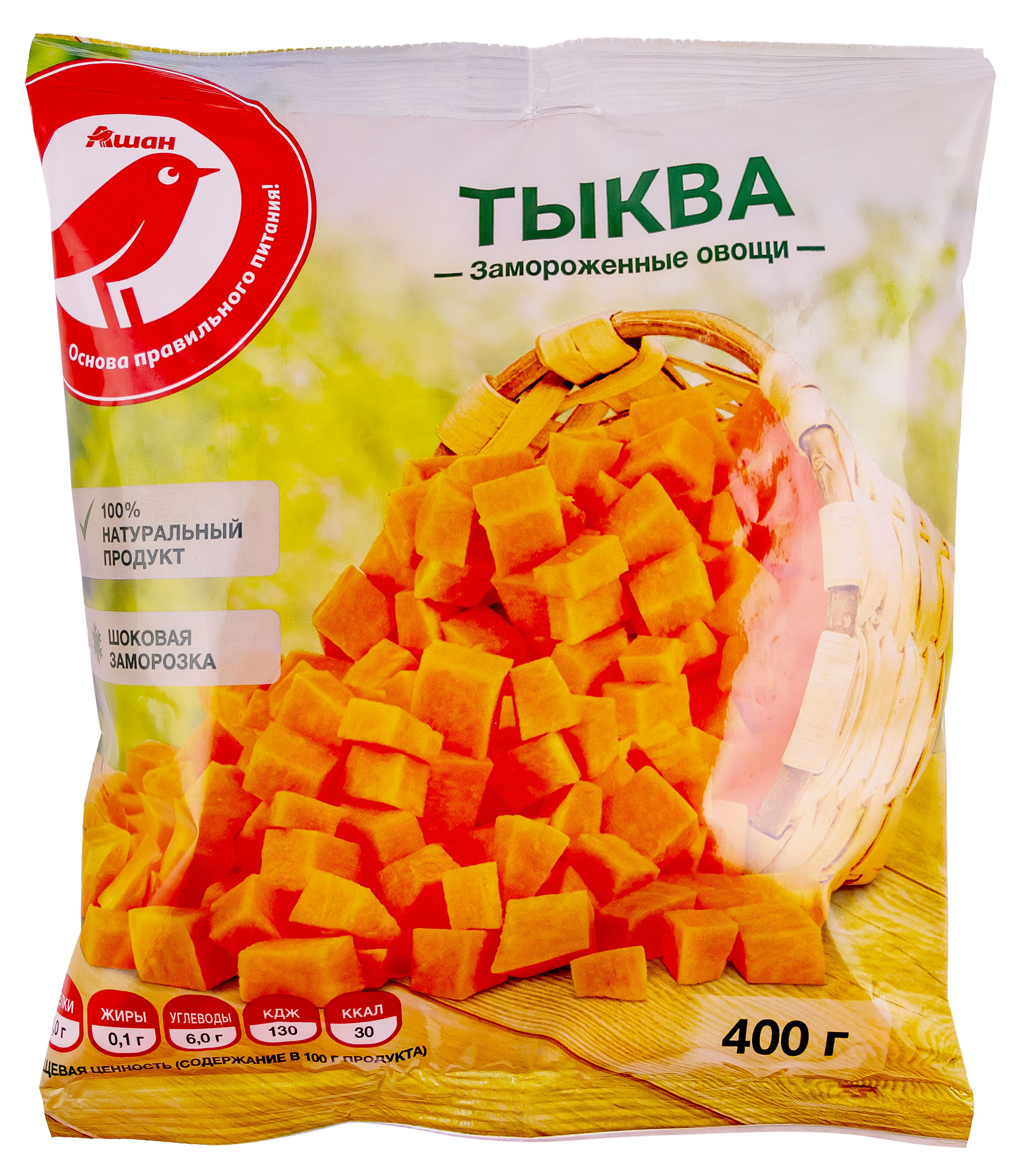 

Тыква резаная АШАН Красная птица кубики замороженная, 400 г