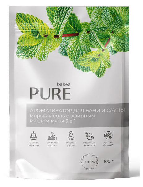 

Соль для бани и сауны Pure Bases Соль и эфирное масло Мята, 100 г