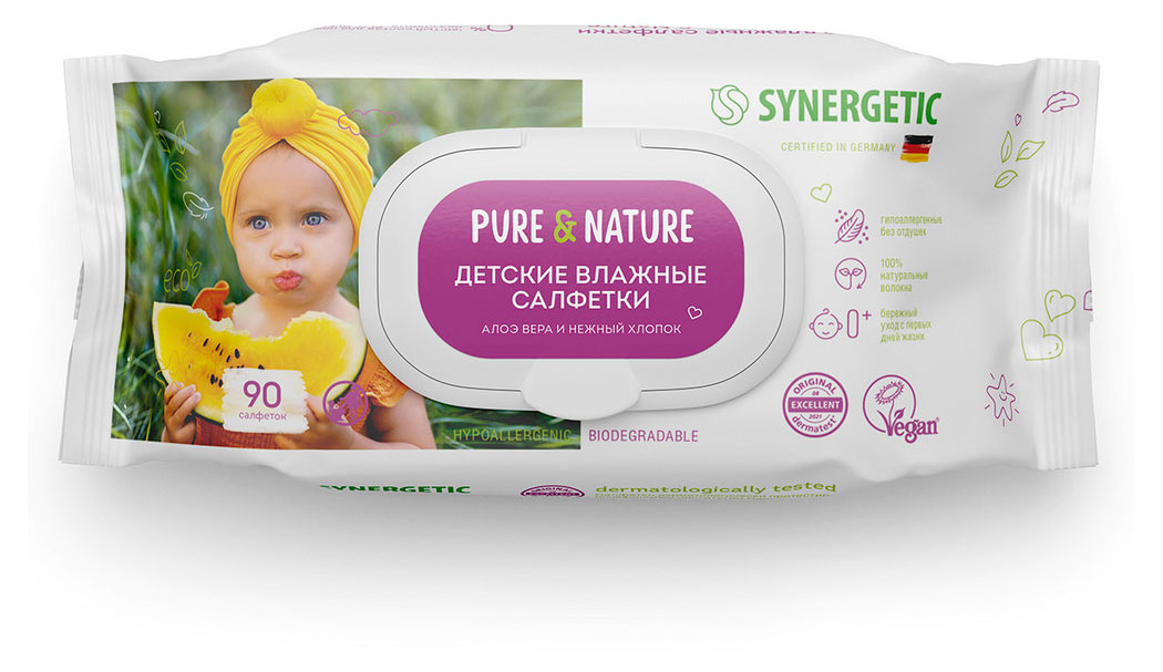 

Влажные салфетки детские Synergetic алоэ вера и нежный хлопок гипоаллергенные 0+, 90 шт