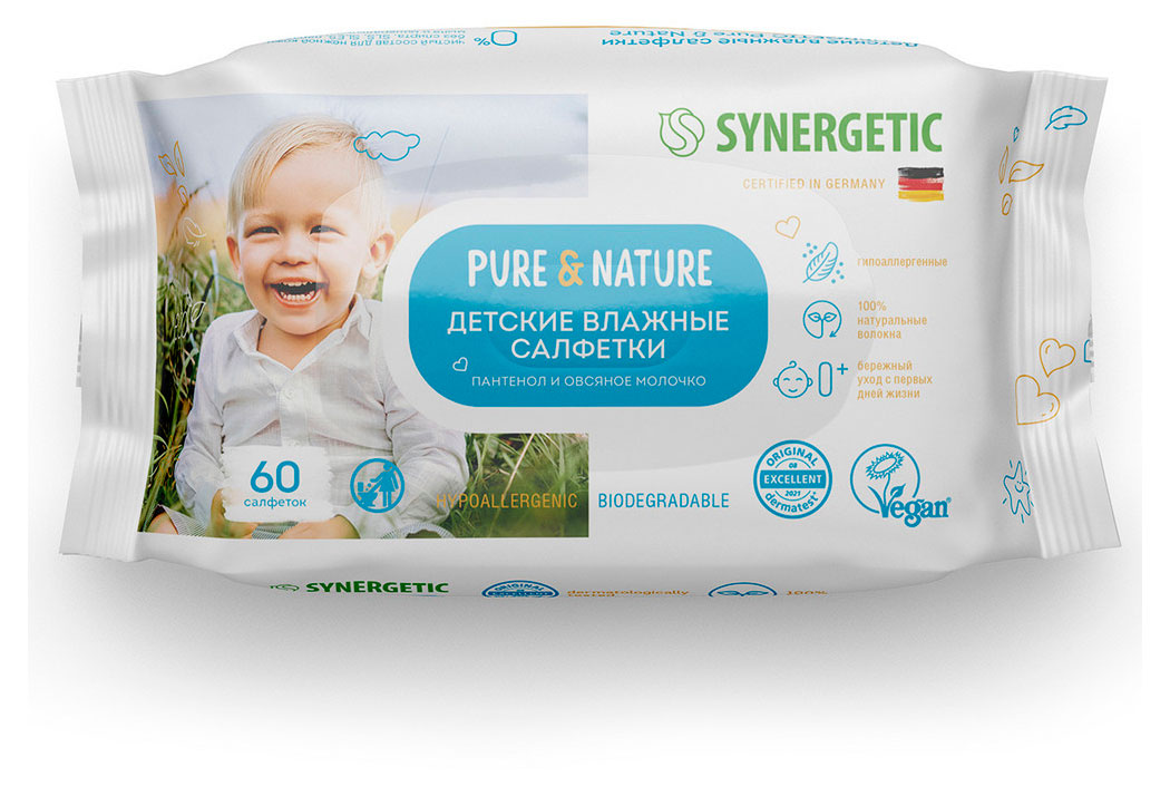 

Влажные салфетки детские Synergetic пантенол и овсяное молочко гипоаллергенные 0+, 60 шт