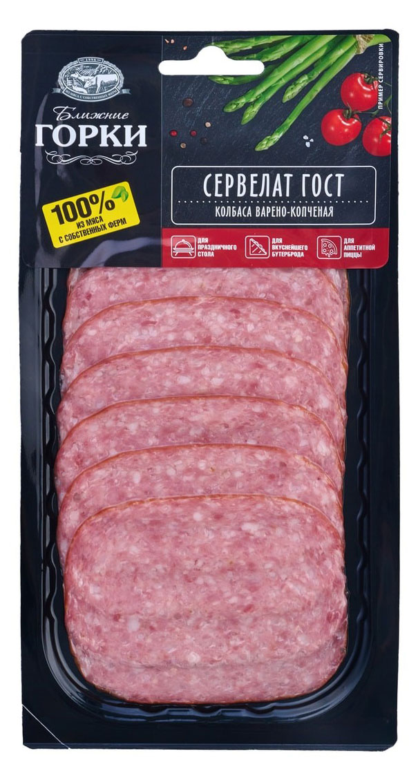 

Колбаса варено-копченая Ближние горки Сервелат ГОСТ нарезка, 90 г