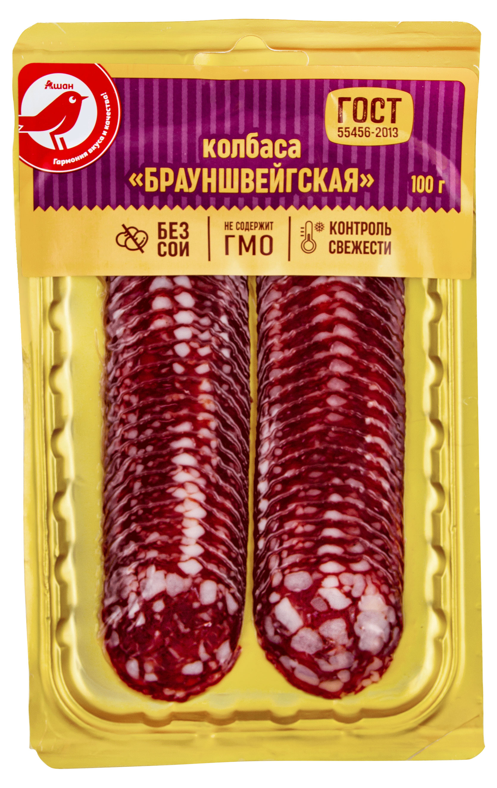 

Колбаса сырокопченая АШАН Красная птица Брауншвейская, 100 г