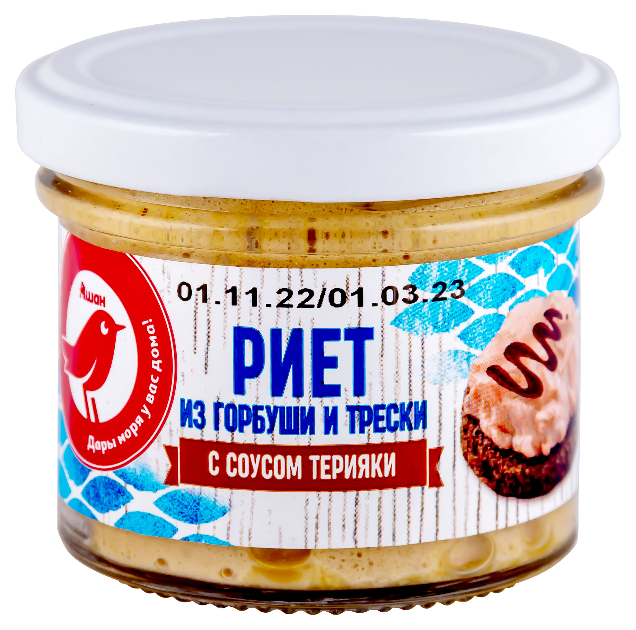 

Риет из горбуши и трески АШАН Красная птица с соусом терияки, 100 г