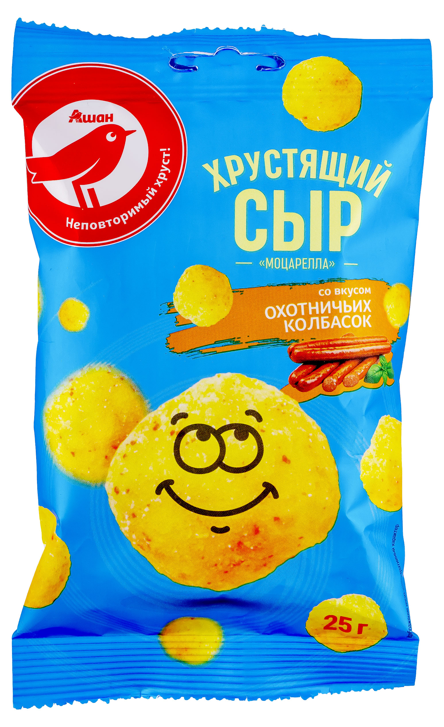 

Сыр хрустящий АШАН Красная птица со вкусом охотничьих колбасок, 25 г