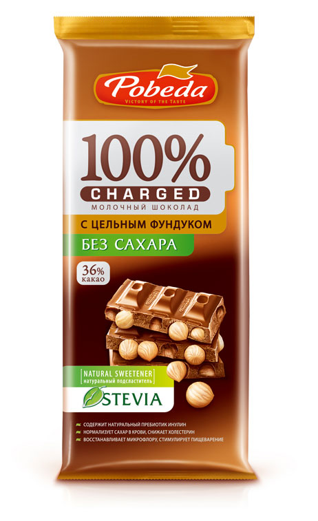 

Шоколад Победа вкуса Молочный без добавления сахара с цельным фундуком Чаржед, 90 г
