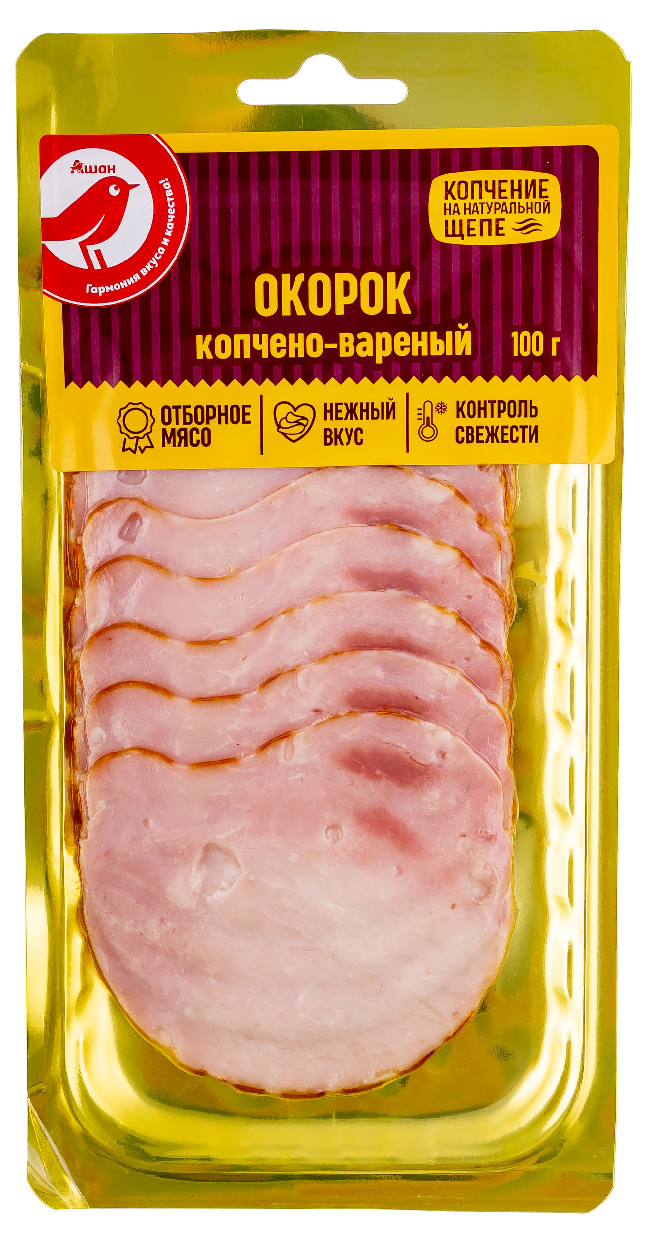 

Окорок копчено-вареный АШАН Красная птица в нарезке, 100 г