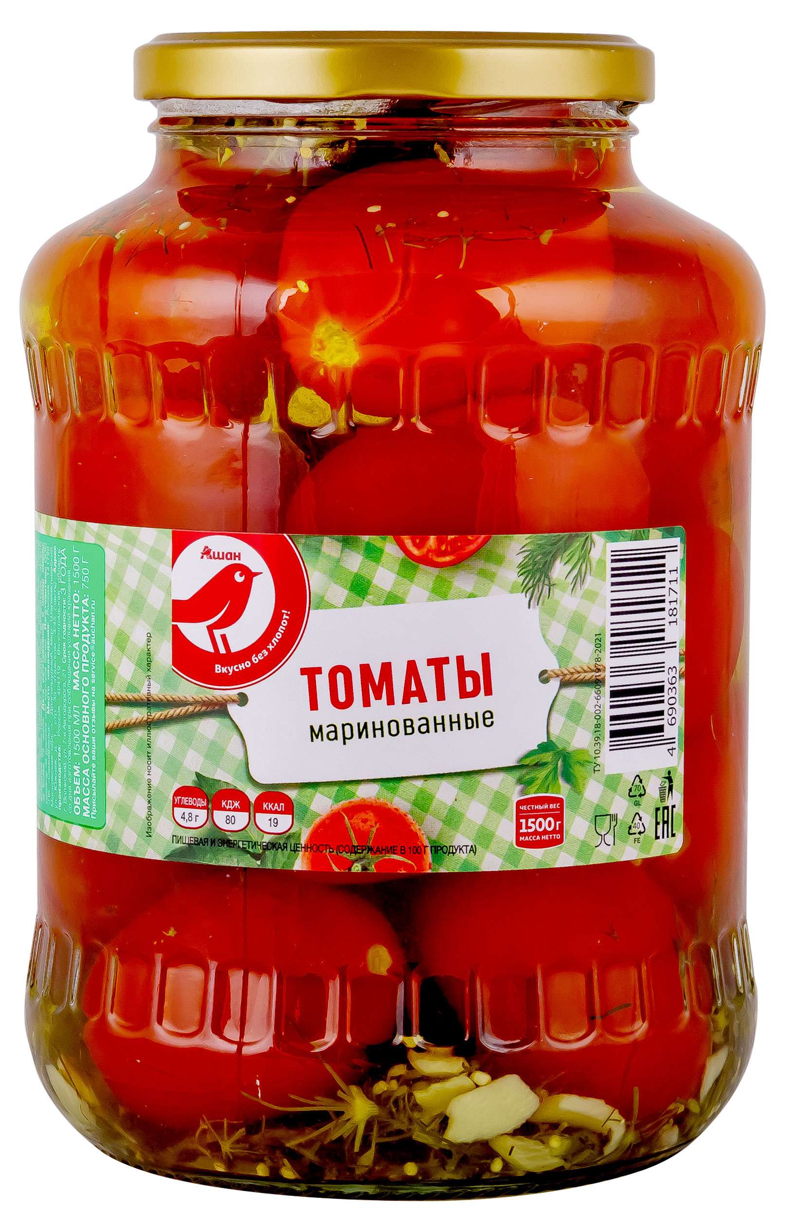 

Томаты АШАН Красная птица маринованные, 1,5 кг