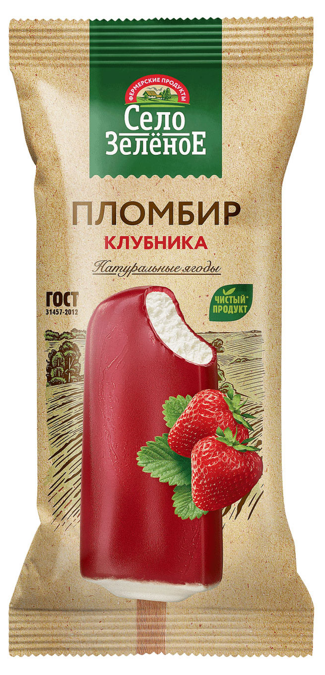 Изображение товара Мороженое пломбир «Село Зеленое» с клубникой в фруктовой глазури БЗМЖ, 70 г