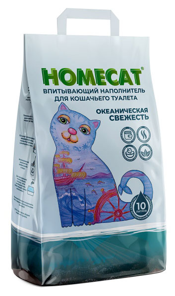 

Наполнитель для кошачьих туалетов HOMECAT океаническая свежесть впитывающий, 10 л